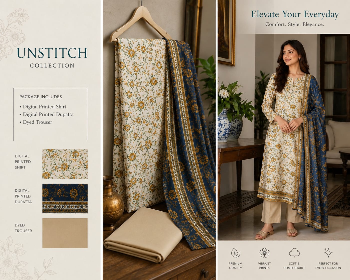 Premium 3 piece unstitch Lawn suit