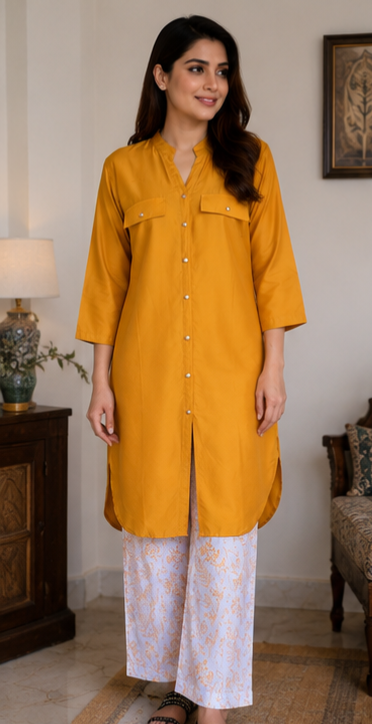 Minimal Luxe 2 Piece, Shirt with front button detailing printed Trouser Set