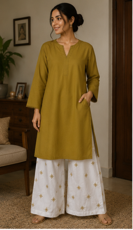 Premium 2 Piece Solid Shirt with Embroidered Wide-Leg Trouser