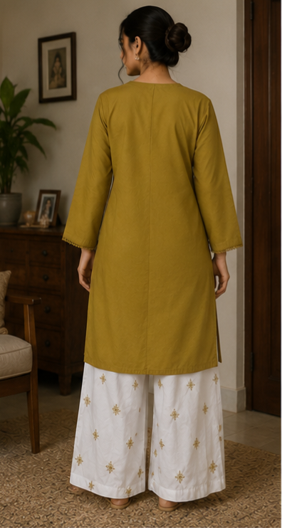 Premium 2 Piece Solid Shirt with Embroidered Wide-Leg Trouser