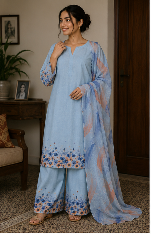 Powder Blue Floral Lawn 3 piece Dress for Women