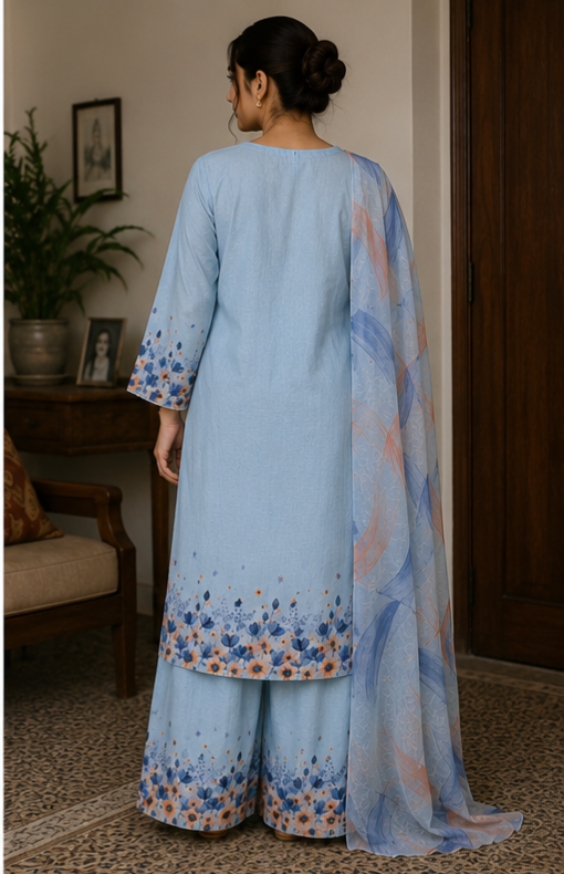 Powder Blue Floral Lawn 3 piece Dress for Women view 3